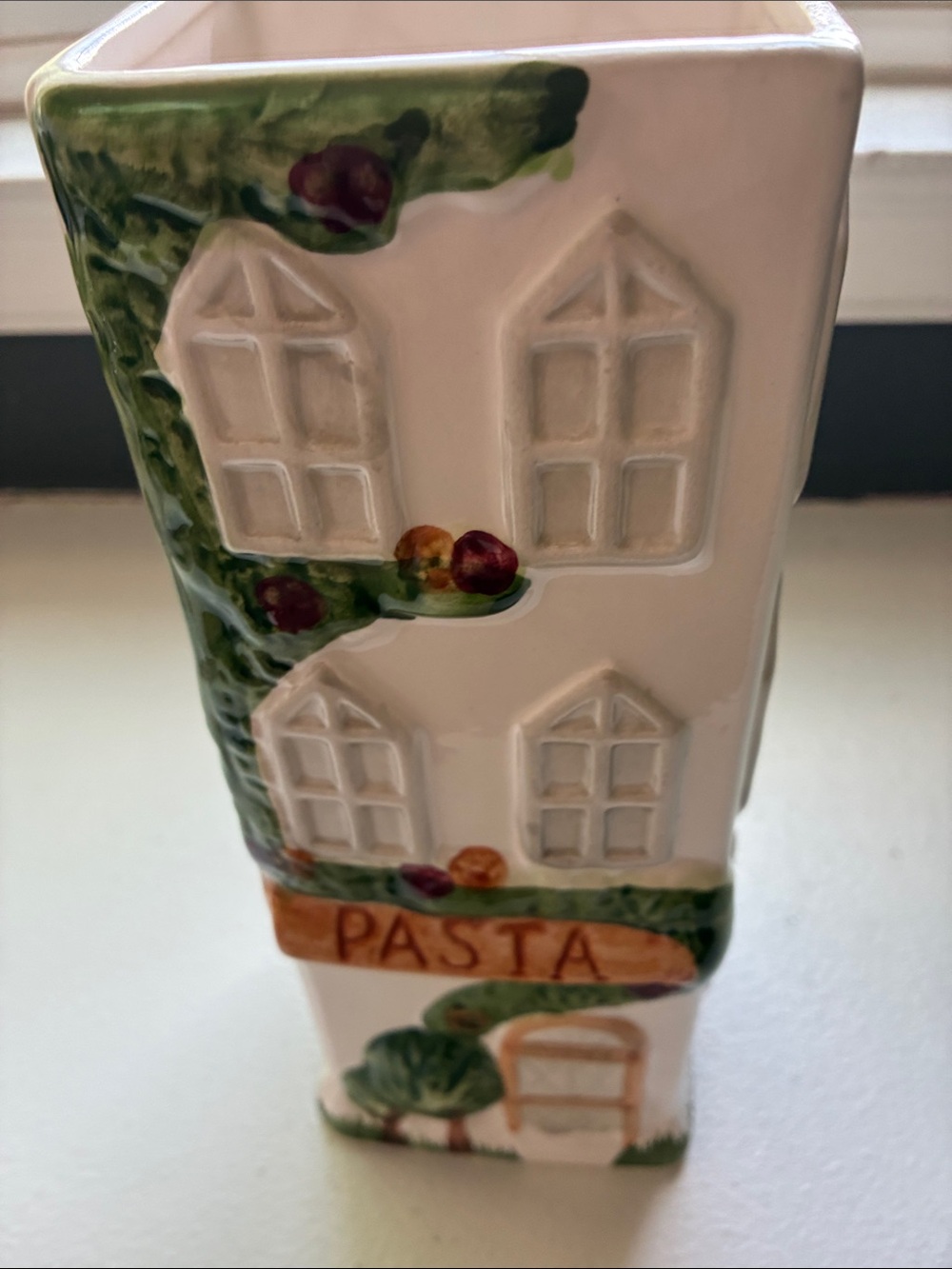 Vintage Ceramic house-shaped canister for pasta.  Decorative with Floral Accents